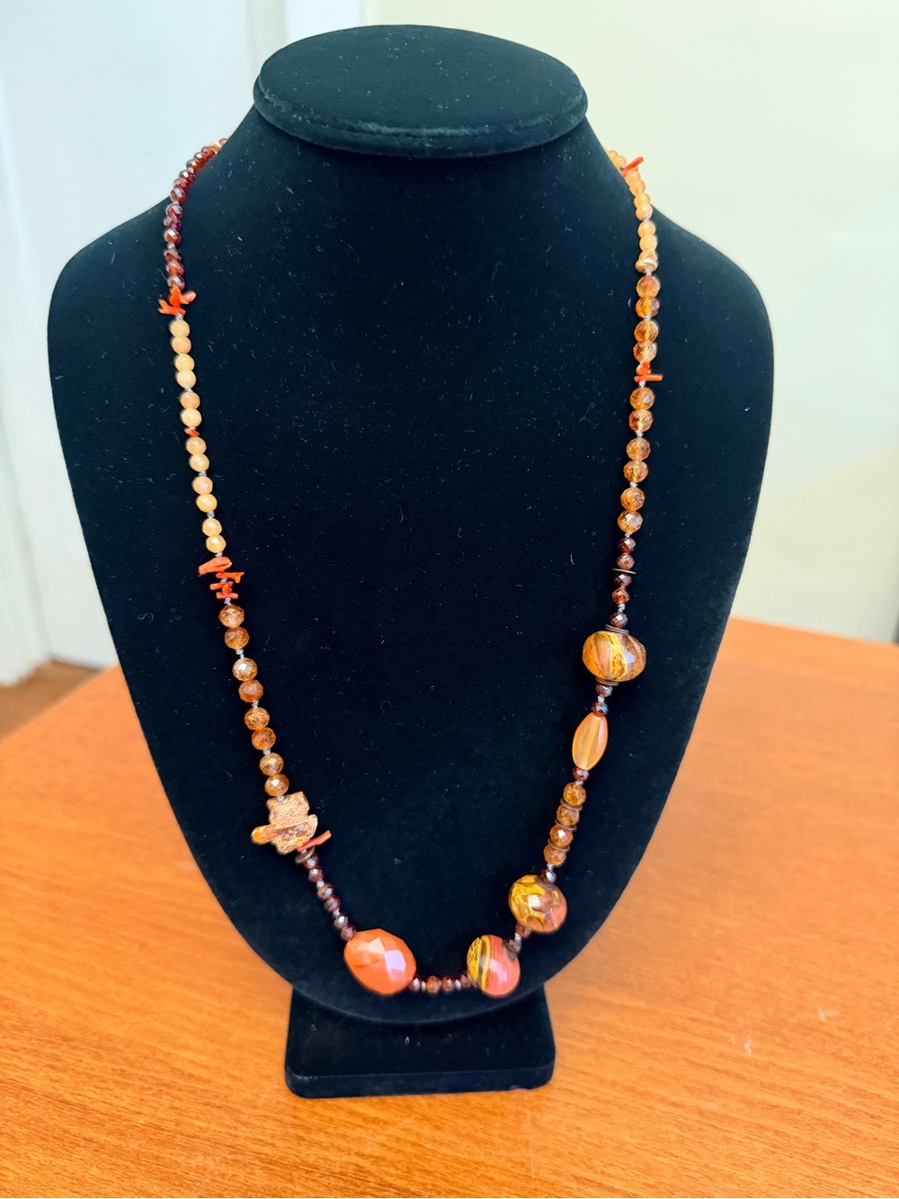 Handmade Artisan Mixed Gemstone Long Necklace Faceted Earth Tone Beads